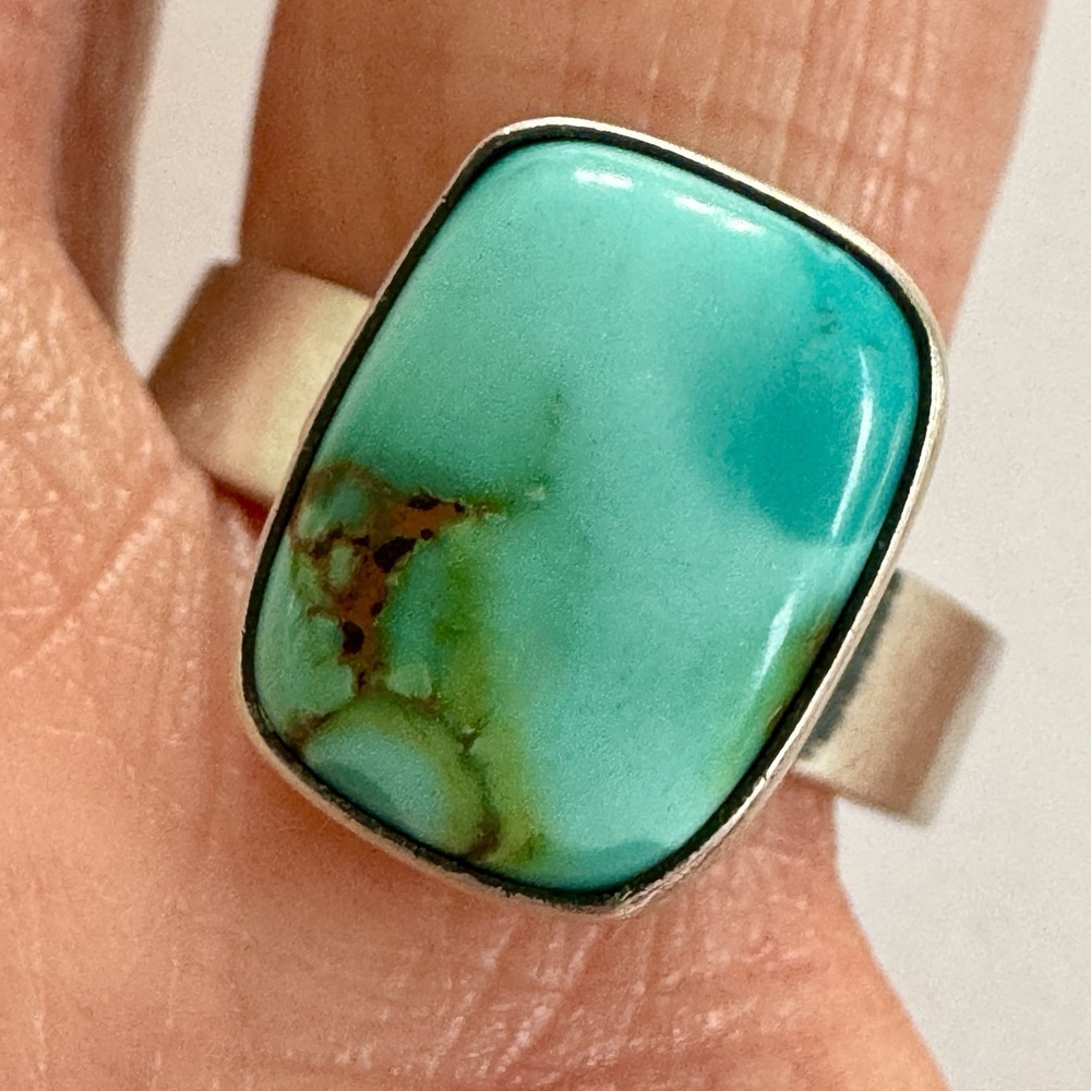 Navajo Turquoise Ring Sonoran‎ Sz 9 Adjustable Signed Skeets Sterling Native